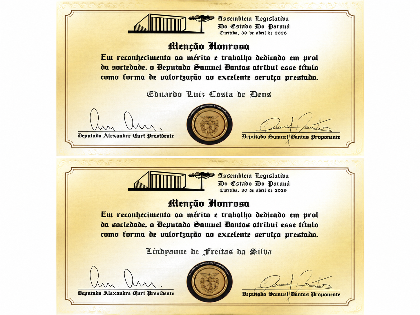 Certificados de Men&ccedil;&atilde;o Honrosa concedidos a Eduardo Luiz Costa de Deus e Lindyanne de Freitas da Silva